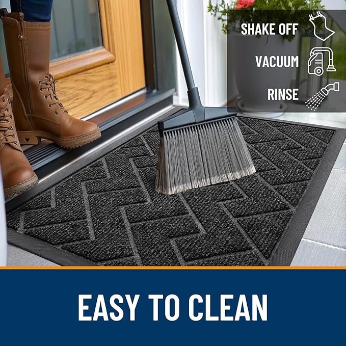 OLANLY Front Door Mat Indoor Outdoor Entrance, Waterproof All-Season, All-Weather Doormat, Sturdy Natural Rubber, Low Profile, Easy Clean Patio Porch Entryway Mat, Herringbone Brick (Black, 29.5x17)