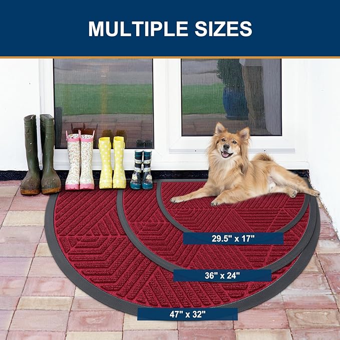 Smiry Half Circle Front Door Mat Outside Entrance, Heavy Duty Sturdy Natural Rubber Doormat, Trap Dirt and Moisture, Low Profile Mats for Indoor Outdoor Entry, Irregular Triangle (35x23, Wine Red)