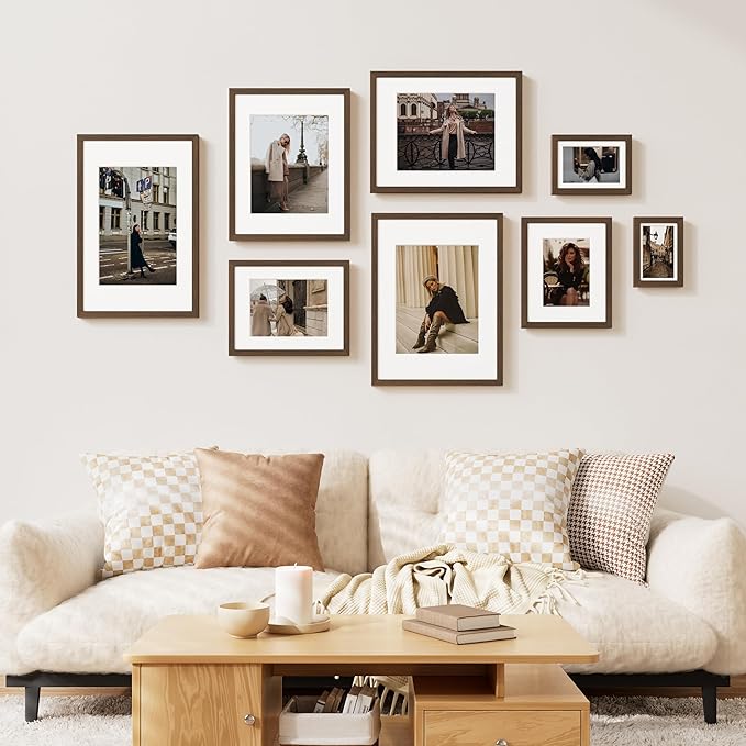 Vittanly 8x8 Picture Frame Set of 2, Solid Wood Frame for Wall or Tabletop, Display Photo 4x4 with Mat or 8x8 without Mat, Brown