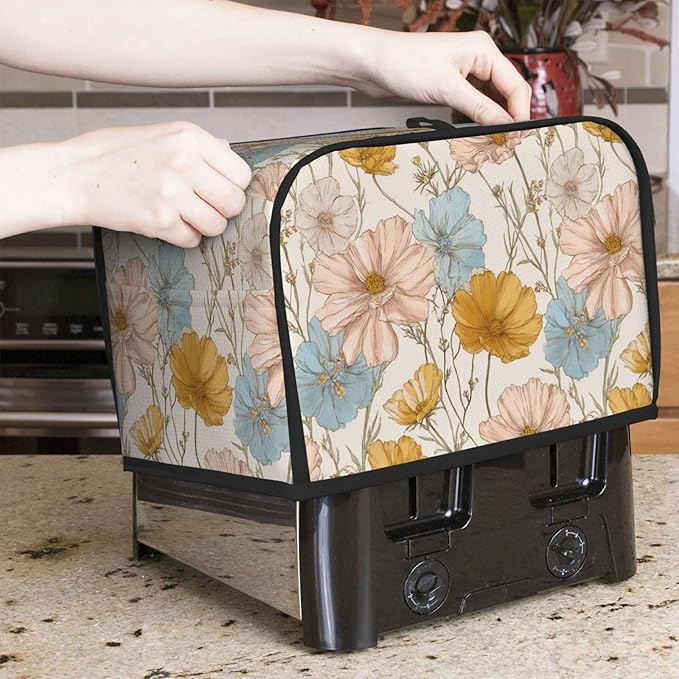 2 Slice Toaster Cover for Kitchen Vintage Flower Botanical Waterproof and Dustproof Toaster Dust Cover with Side Pockets Decorative Universal Cover for Wide Slot Toasters and Small Appliances