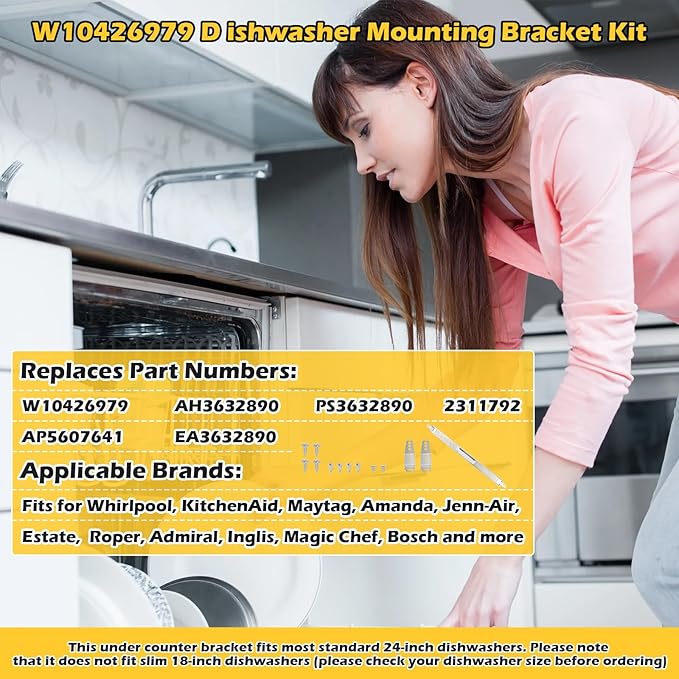 W10426979 24" Dishwasher Mounting Bracket Kit Fit for Whirlpool, KitchenAid and Maytag ﻿24 Inch Wide Dishwasher for Granite and Quartz Countertops (W10426979 (24") – for Standard)