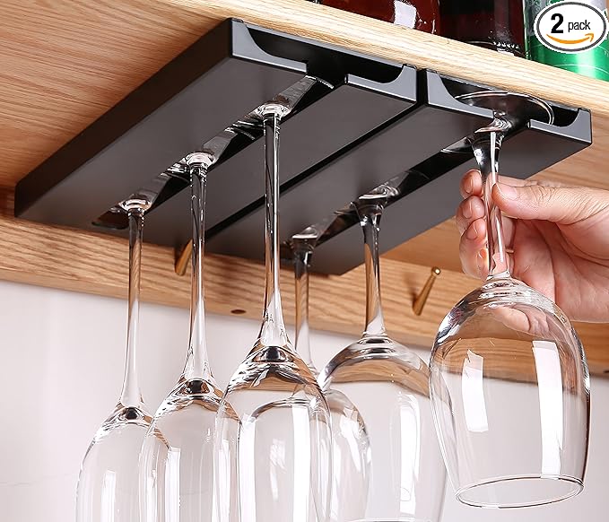 Wine Glass Holder Under Shelf Cabinet Wine Glass Rack Plastic Stemware Rack Glassware Drying Storage Hanger for Kitchen,Bar and Restaurant (Black-2Pack)