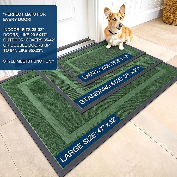 OLANLY Front Door Mat Indoor Outdoor Entrance, Waterproof All-Season, All-Weather Doormat, Sturdy Natural Rubber, Fade Resistant, Low Profile, Easy Clean Patio Porch Entryway Mat, 47x30, Green