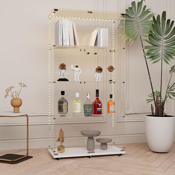 Glass Display Cabinet with LED Light Strip, 4 Shelves with 2 Doors, Glass Top Curio Storage Cabinets with Lock & Caster for Living Room,Floor Standing Bookshelf, Quick Installation - White