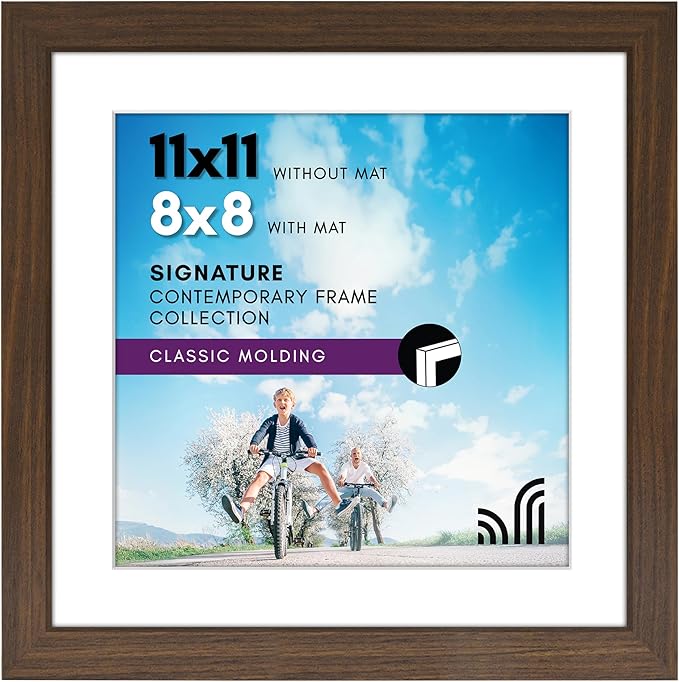 Americanflat 11x11 Picture Frame with Shatter-Resistant Glass - Use as 8x8 Frame with Mat or Display 11x11 Photo Without Mat - Signature Collection - Square Frames for Wall Display - Walnut