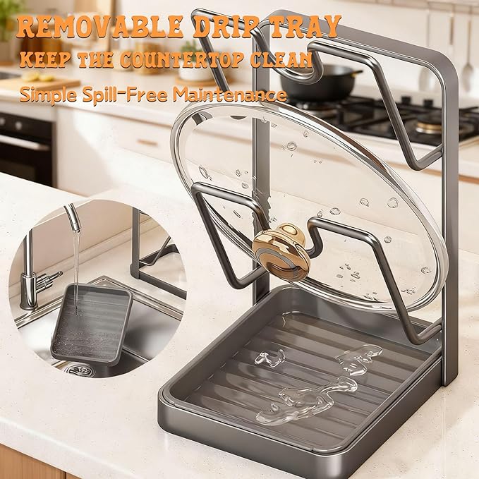 Kitchen Pot Lid Storage Rack, Pot Lid Holder With Tray, Pot Lid Organizer, Lid Holder While Cooking, Lid And Spoon Rest, Multifunctional Kitchen Organizer Stand for Stove Top (Gray,Double-layer)