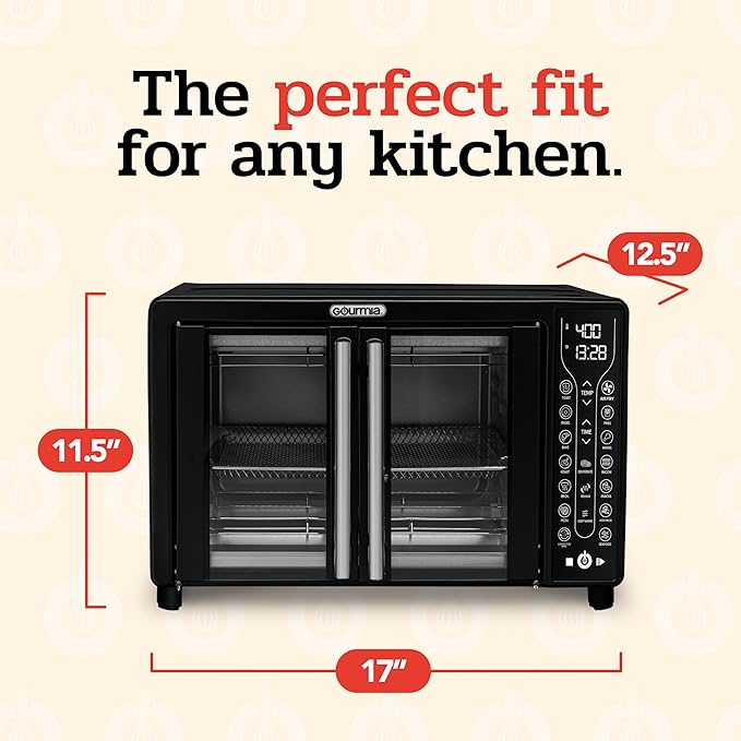 Gourmia Toaster Oven Air Fryer Combo 17 cooking presets 1700W french door digital air fryer oven 24L capacity accessories, convection rack, baking pan tray recipe book GTF7460,Large,Black