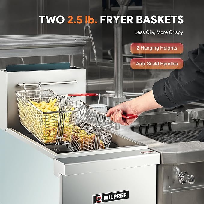 WILPREP Commercial Gas Floor Fryer, 4 Burner Commercial Deep Fryer with 2 Baskets 120000 BTU 50 lb Capacity 400°F Constant Temperature, Stainless Steel Liquid Propane Deep Fryer for Restaurant Kitchen
