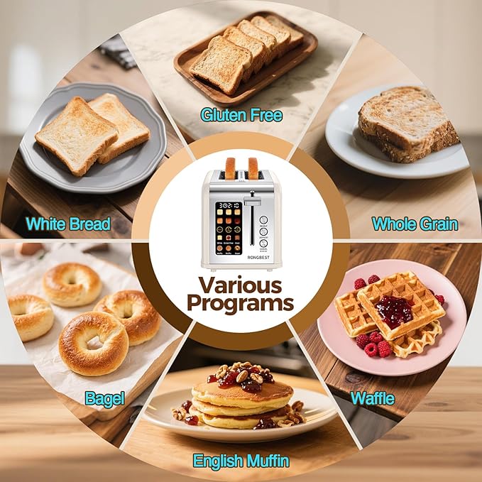 2 Slice Easy Touch Screen Toaster, Stainless Steel Toaster with Wide Slots, Even Toasting for Bagels & Bread, Reheat & Defrost, Removable Crumb Tray, Cream Color