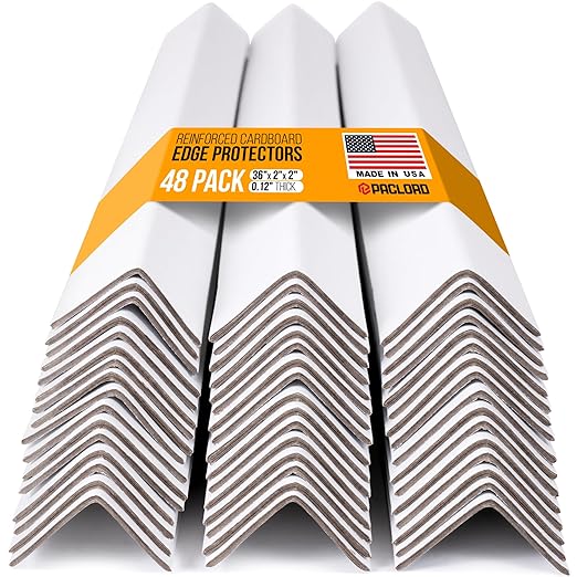 36" x 2" x 2" Reinforced Cardboard Edge Protectors, White (Pack of 48) – 0.12" Thick Medium-Duty Cardboard Corner Protectors for Shipping – American Quality V-Board Pallet Edge Protectors