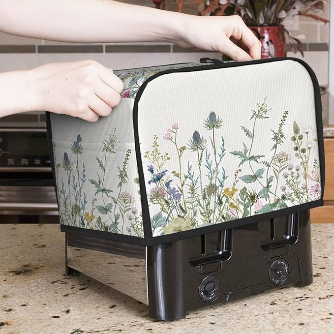 Toaster Cover 2 Slice Wildflowers Leaves Waterproof Appliance Cover with Hang Loop Bread Baker Toaster Cover for Kitchen