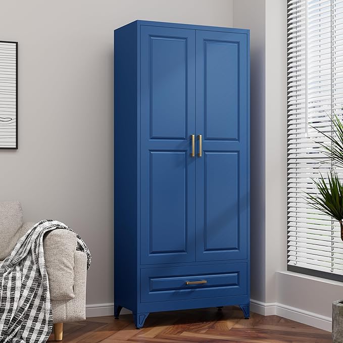 75” Kitchen Pantry Storage Cabinet,Metal Tall Storage Cabinet with Drawers and Adjustable Shelves,Modern Kitchen Hutch Cabinet,Freestanding Cupboard for Living Room,Blue