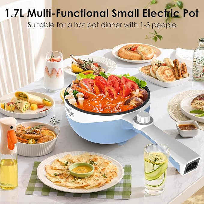 Audecook Hot Pot Electric, 1.7L Mini Electric Skillet Portable Nonstick Sauté Pan with Power Adjustment, Ramen Cooker Travel Multicooker for Steak/Soup/Egg/Oatmeal/Noodles (Tongs for Cooking Included)