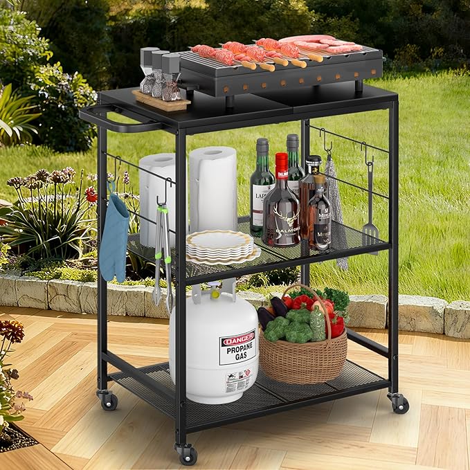 Grill Cart for Outside, 3-Tier BBQ Food Prep Rolling Table Cart, with 23.62" Lx 15.75" W Stainless Steel Tabletop, Outdoor Pizza Oven Table Ideal for Patio Backyard Kitchen Tools Room