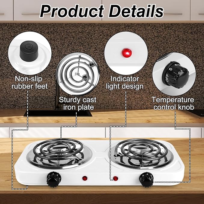 2000W Double Burner Electric, Portable Hot Plate for Cooking, Cooking Stove with 5 Temperature Adjustments, Countertop Burner Cooktop for Kitchen, Dorm (2Burner_White, 18x10x3")