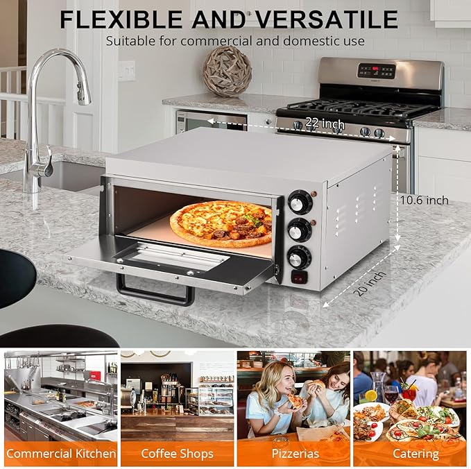 Electric Pizza Oven 14 inch Countertop Pizza Maker with Pizza Stone and Handle, Visual Viewing Window, Timer & Temp Control, Stainless Steel Pizza Cooker for Home Kitchen & Commercial