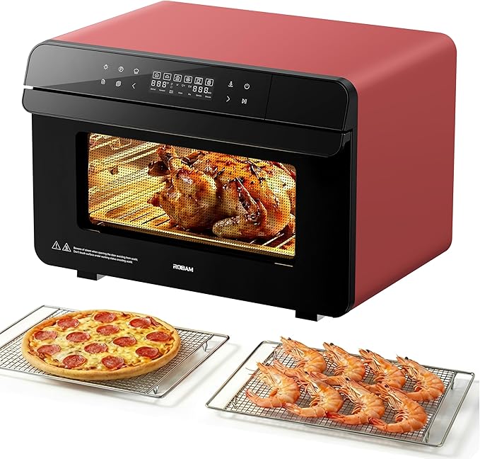 ROBAM Toaster Steam Combi Oven, Countertop Air Fryer 20-in-1 Oven with Convection & Grill, Stainless Steel Interior, 3-Layer Insulated Glass Door, 3 Steam Modes, 30 Built-In Recipes (Red)