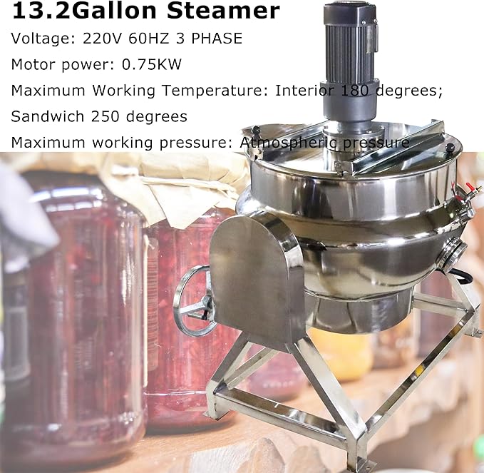 50L Jacketed Kettle 220V Commercial Electric Automatic Cooking Pot Tilting Jacketed Pot 750W Three Phase with Mixer for Soup Sugar Jam Chilli Tomato Sauce