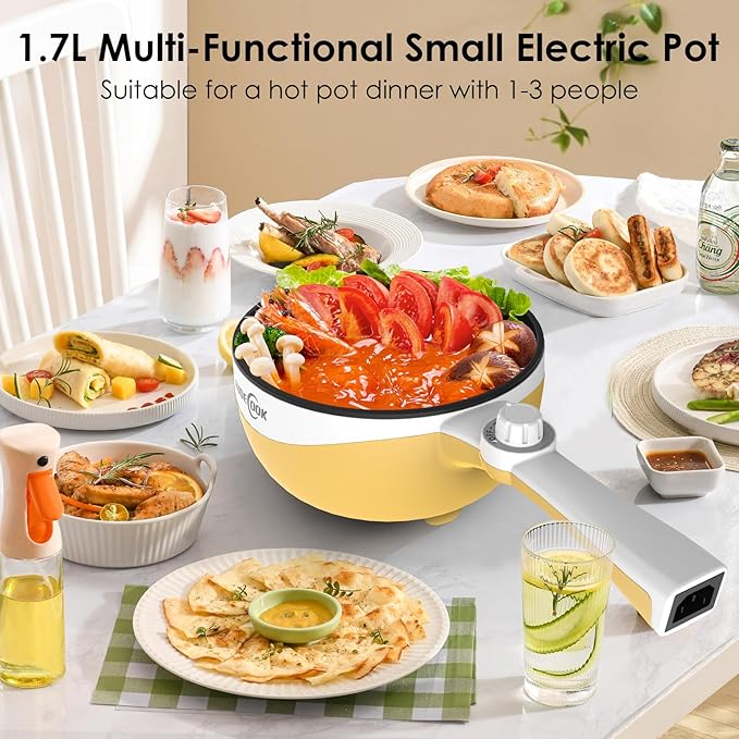 Audecook Hot Pot Electric, 1.7L Mini Electric Skillet Portable Nonstick Sauté Pan with Power Adjustment, Ramen Cooker Travel Multicooker for Steak/Soup/Egg/Oatmeal/Noodles (Tongs for Cooking Included)