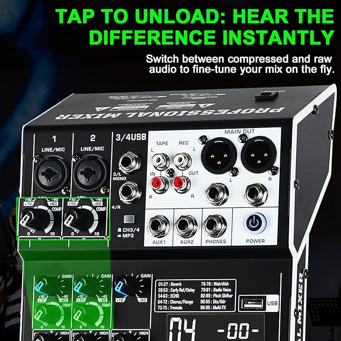 Audio Mixer 4 Channel Professional Sound Mixer Console with 99 DSP Effects, Small Mixing Board DJ Mixer w/USB, Bluetooth, 48V Power Supply, PAD Button for Recording Karaoke PA Drum Live Music