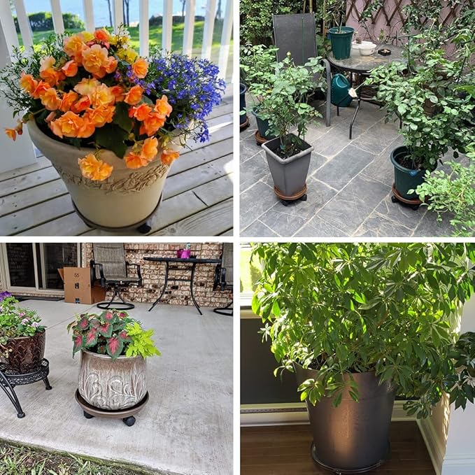 2 Pack Plant Caddy with Wheels,Round Potted Rolling Plant Stand with Wheels Heavy Duty Flower Pot Rack on Rollers Dolly Trolley Saucer Tray Pallet with Universal Wheels (14inch, Brown)