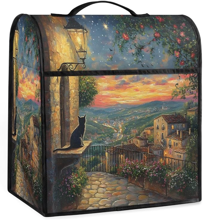 Kitchen Aid Mixer Cover Light Night Scene Cat Flower Stand Mixer Cover Compatible with 6-8 Quarts Stand Mixers, Dust Covers with Zipper Pocket Foldable Washable Kitchen Aid Organizer Bag