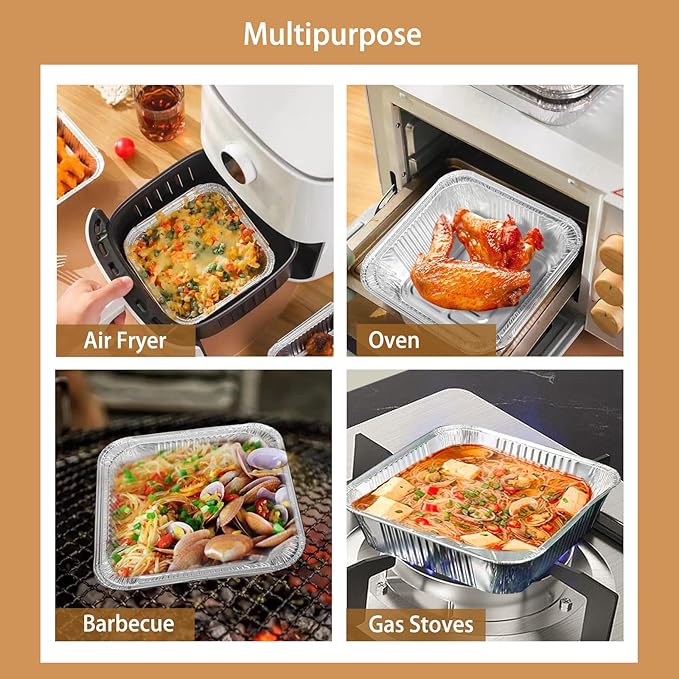 Non-Stick Disposable Air Fryer Aluminum Foil Liners Square 50PCS, Oil-Proof Aluminum Foil Tin Box Also for Steamer Basket Instant Pot Oven & Grill (9 * 9 Inch-Square)