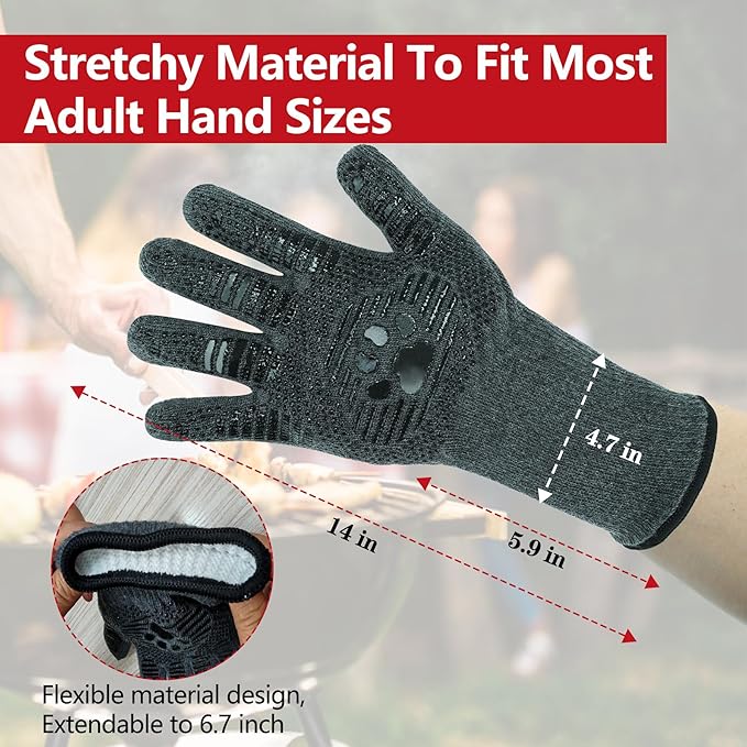UBeesize Lengthen BBQ Gloves (Bear Paw), 1472°F Heat Resistant Grill Glove, 14 inch Fireproof Oven Gloves for Cooking, Non-Slip Fire Glove for Grilling, Barbecue, Smoker, Baking, Frying