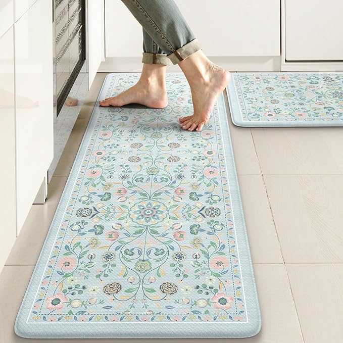 KIMODE Comfort Anti Fatigue Mats for Kitchen Floor,Boho Floral Kitchen Rugs Sets of 2 Non Slip,Cushioned Memory Foam Kitchen Mat Carpet for Laundry Sink Bathroom Office,Blue