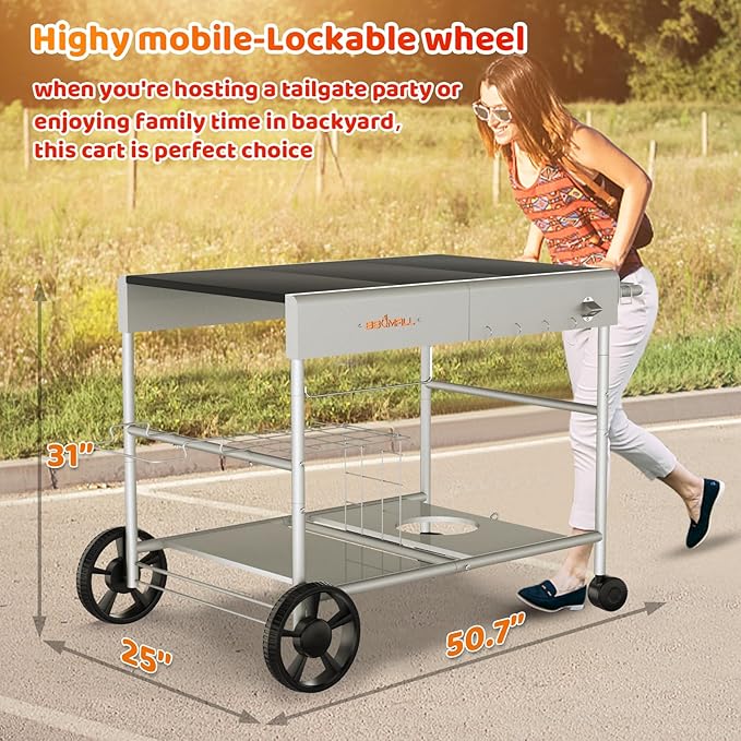 Upgraded Pizza Oven Cart Table and Table Cover for Ooni Koda/Karu/Fyra 16 & 12, Movable Thicken & Widen Rolling Kitchen Cart, Outdoor Grill Stand for Ninja Woodfire