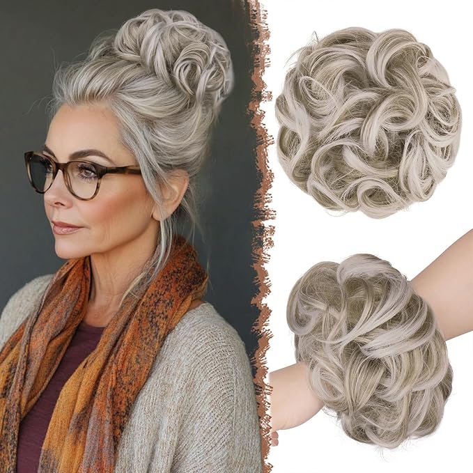 FESHFEN Large Messy Bun Hair Piece - Wavy Synthetic Chignon Scrunchies Elastic Ponytail Hair Extensions Thick Hairpieces for Women, Silver Blonde 1.94oz