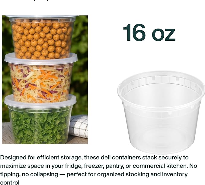16oz [100 set] Heavy Duty Plastic Deli Container | BPA-Free Food Storage with Airtight Leak‑Proof Lids | Microwave, Freezer & Dishwasher Safe – Stackable, Bulk Reusable Soup & Meal Prep Tub