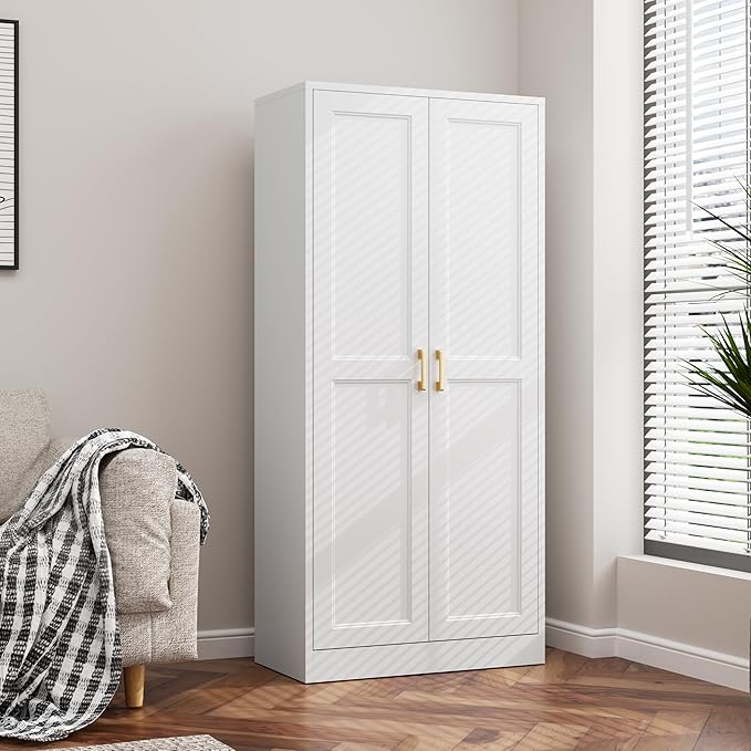 60" Kitchen Pantry Storage Cabinet,White Tall Storage Cabinet With Doors and Shelves,Metal Food Pantry Cabinets for kitchen storage,Freestanding Cupboard for Dining Living Room,Assemble Required