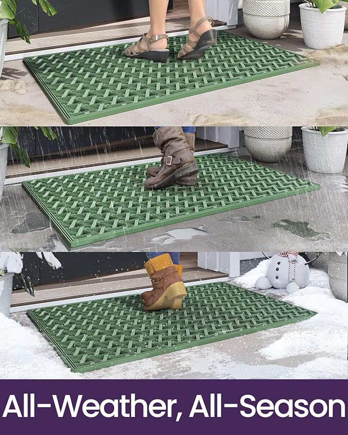 DEXI Front Door Mat Outside Entrance Rubber 32x48, Welcome Floor Doormat Heavy Duty Non Slip, Dirt Trapper Waterproof Exterior Entry Mats All Weather for Patio Entryway Drainage, Green