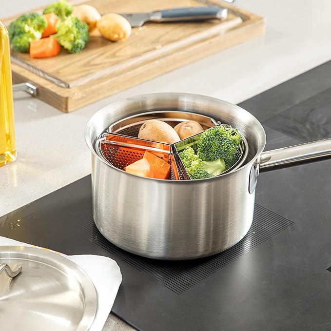Restaurantware Steamer Basket for Cooking Pot 3-Piece Stainless Steel Trio Separator Perforated Steam Basket Divider for Cooking Veggies, Dumplings, Eggs, Seafood, Pasta, Pressure Cooker