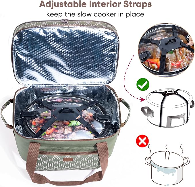 Double Layer Slow Cooker Carrier Bag for 6-8 Quart Oval CrockPot, Insulated Crock Pot Travel Bag with Top Zip Compartment and Front Pocket for Utensils