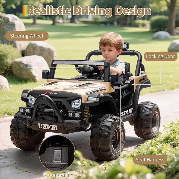 12V Kids Ride on Car, Electric Ride on Truck w/Parent Remote, Spring Suspension, Bluetooth Music, LED Light, 4.1Mph Max Speed, 3 Speeds, Battery Powered Vehicles for Kids Toddler Age 3-8, Khaki