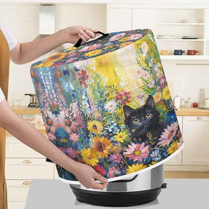 Xoenoiee Black Cat Vibrant Floral Print Kitchen Appliance Dust Cover with Pockets, Electric Pressure Cooker Cover for 3qt Compatible with Crock Pot, Rice Cooker Cover