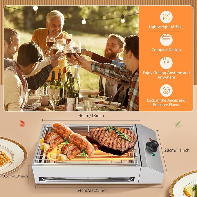1800W 110V Countertop Electric BBQ Grill, Commercial and Home Use Stainless Steel Barbecue Griddle Adjustable Temperature 122-302℉, Portable Barbecue for Processing Pancakes, Crispy Bacon