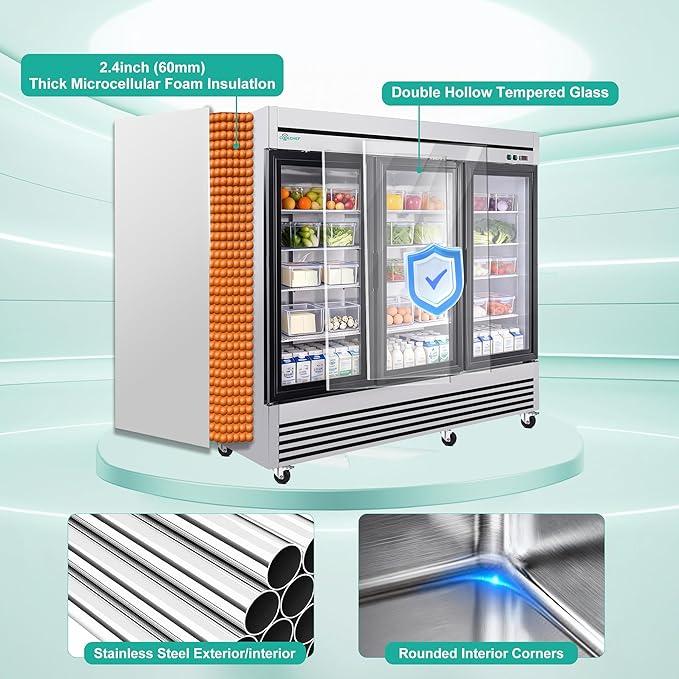 81" Commercial Glass Door Refrigerator, 72 Cu.Ft Triple-Door Reach-In Cooler, 33–40℉, Triple-Layer Low-E Glass, 12 Shelves, R290