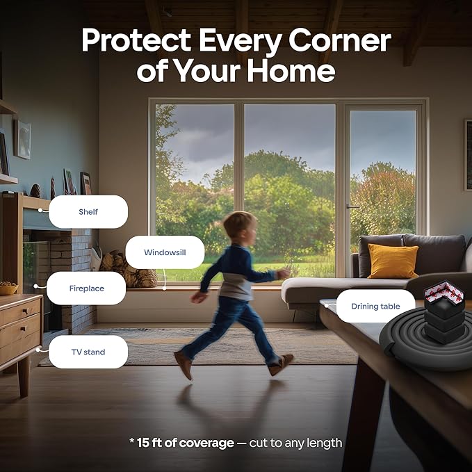 Baby Proof Corners & 15ft Edges with Furniture Corner & Edge Safety Bumpers, Impact-Absorbent Bumper & 4 Foam Corner Protectors, Cushy, Thick, Odorless Table Edge Protectors for Baby, Child | Black