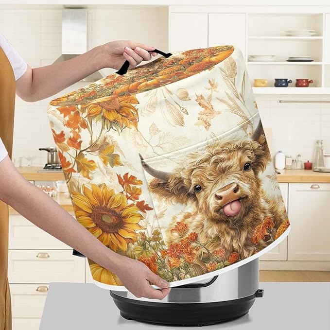 NEITLGEN Maple Leaf Highland Cow Kitchen Appliance Dust Cover Universal Size 3 Quart Pressure Cooker/Air Fryer/Rice Cooker Cover with Top Handle and Storage Pocket Thanksgiving Day Decor