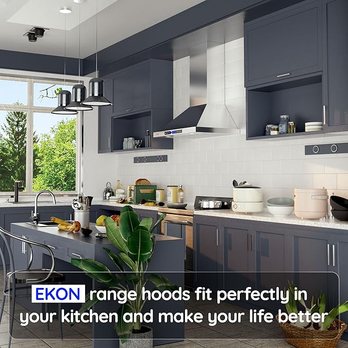 Range Hood, EKON Wall Mount Hood 900 CFM Kitchen Hood Vent 4 Speeds Touch Control LCD Display With Remote /3 Pcs Baffle Filters / 2 Pcs 3W Led Lamp/Vent-less or Recirculation Operation (NAP02-36IN)