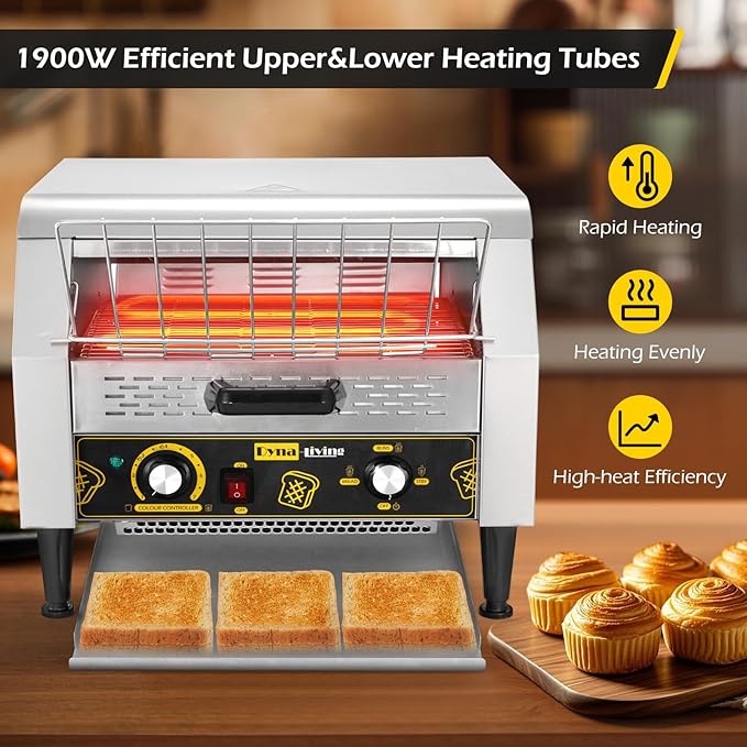 Dyna-Living Commercial Restaurant Toaster 450 Slices/H Conveyor Toaster Oven 1900W Rotating Toasters Heavy-duty Stainless Steel Commercial Conveyor Belt Toasters for Bun Bread