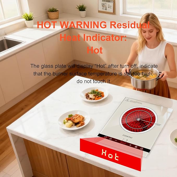 Dual Coils Design of Single Burner Electric Cooktop, 1800W Infrared Ceramic Hot Plate for Cooking, Portable Countertop or Built-in Radiant Stove Top Cooker, Compatible with All Cookware