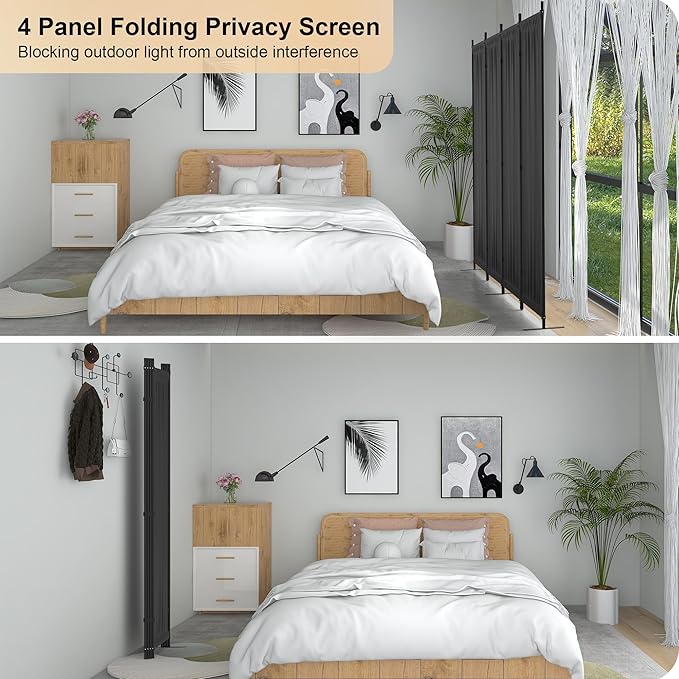Room Divider 4 Panel Partition Room Dividers & Folding Privacy Screens w/ 3 Metal Feet 6FT Portable Wall Doubles as a Dressing Screen Portable Wall for Office Kitchen Children's Room,Black