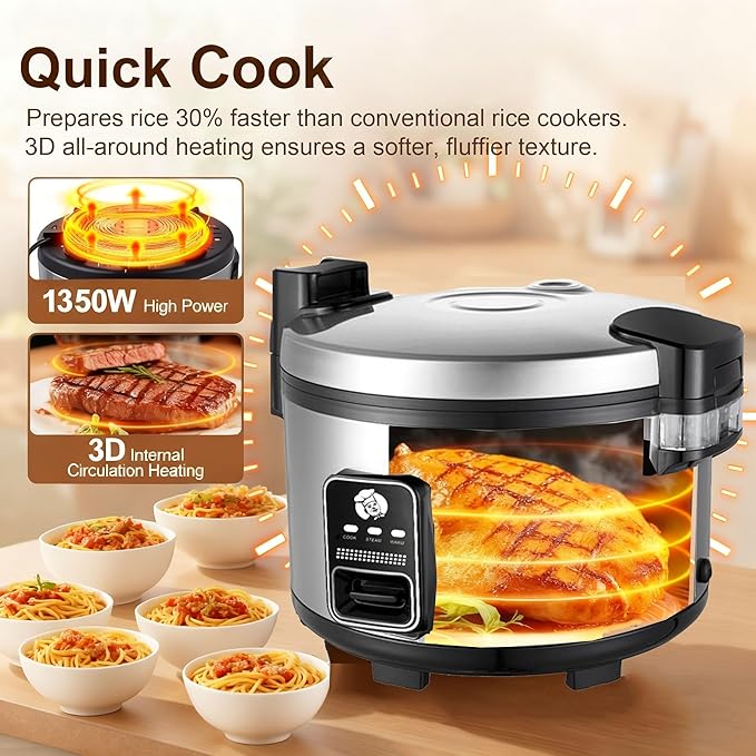 15L Large Capacity Commercial Rice Cooker & Food Warmer 84 cups cooked / 32 cups uncooked Stainless Steel rice Electiric Rice Cooker | One Touch | Automatic Warm with Non-Stick Inner pot