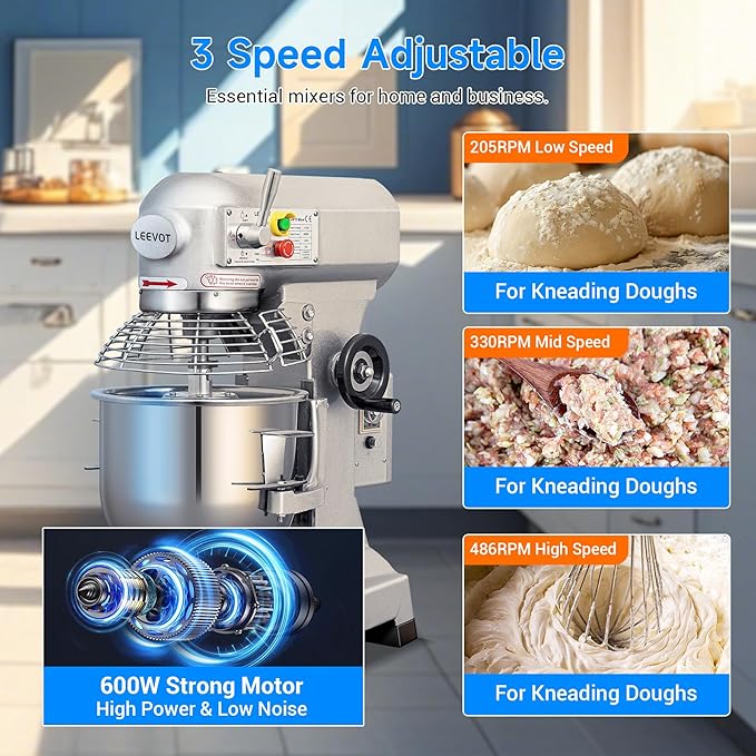 15Qt Commercial Food Mixer with Timing Function,600W Commercial stand mixer 3-Speed Adjustable,Electric Heavy Duty Dough Mixer with Stainless Steel Bowl for Bakery Pizzeria