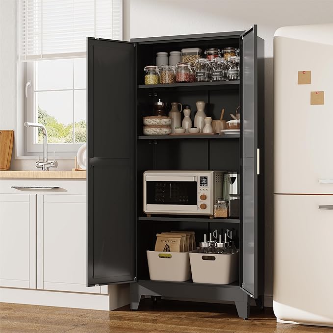 61" Tall Pantry Cabinet, White Metal Pantry Storage Cabinet, Kitchen Pantry Storage Cabinets with 2 Door and 3 Adjustable Shelves (Black, 61" H)