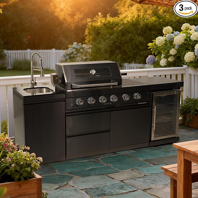 85 Inch 4-Burner 72000 BTU Deluxe Stainless Steel Propane Gas Outdoor Kitchen Barbecue Island Grill, Wine Cooler Compact Refrigerator, Rotisserie Kit, Granite Countertops, Stainless Steel Sink, Black